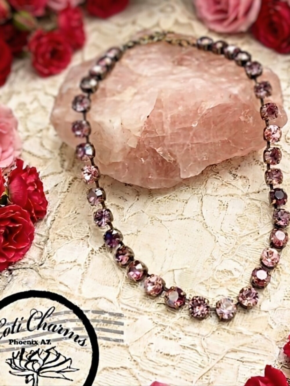 Champagne Pink And Mauve Swarovski Crystal Necklace In Brass